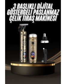 Tıraş Makinesi Pro 3 Başlıklı Dijital Göstergeli Saç Sakal Kulak ve Burun