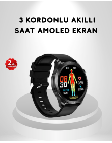 AMOLED Ekranlı Akıllı Saat – 3 Kordon Seçenekli, Suya Dayanıklı, Kalp Atış ve Uyku Takip Özellikli