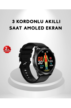 AMOLED Ekranlı Akıllı Saat – 3 Kordon Seçenekli, Suya Dayanıklı, Kalp Atış ve Uyku Takip Özellikli