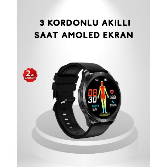 AMOLED Ekranlı Akıllı Saat – 3 Kordon Seçenekli, Suya Dayanıklı, Kalp Atış ve Uyku Takip Özellikli AMOLED Ekranlı Akıllı Saat – 3 Kordon Seçenekli, Suya Dayanıklı, Kalp Atış ve Uyku Takip Özellikli