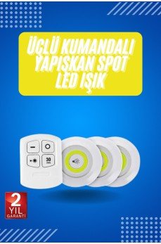 Yapışkanlı 3'lü Spot Led Işık Lamba Montajsız Pilli Uzaktan Kumandalı