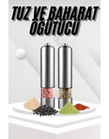 Pilli Tuz Ve Karabiber Öğütücü Baharat Değirmeni Tuzluk Pilli Işıklı Gri