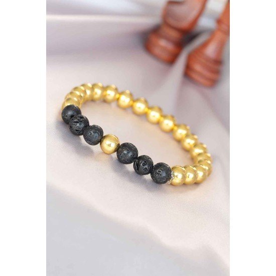 Lav Doğal Taş Detaylı Hematit Gold Renk Erkek Bileklik