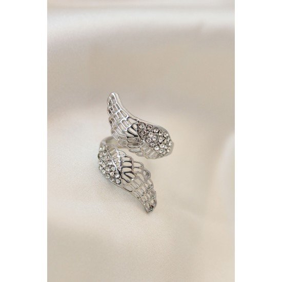 Ayarlamalı Silver Renk Metal Zirkon Taşlı Kanat Yüzük Ayarlamalı Silver Renk Metal Zirkon Taşlı Kanat Yüzük