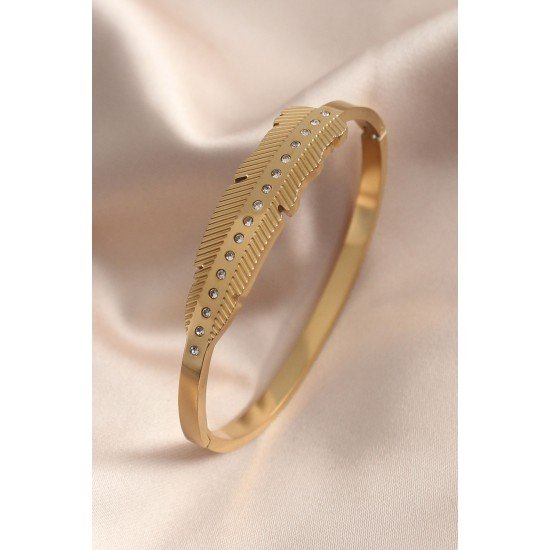 Gold Renk Yaprak Model Zirkon Taş Detay Kelepçe Kadın Bileklik Gold Renk Yaprak Model Zirkon Taş Detay Kelepçe Kadın Bileklik