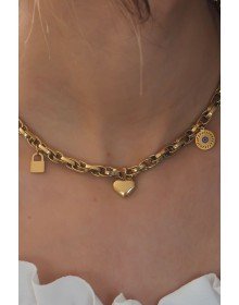Çelik Gold Renk Kalın Zincir Model Kalp Figür Kadın Kolye