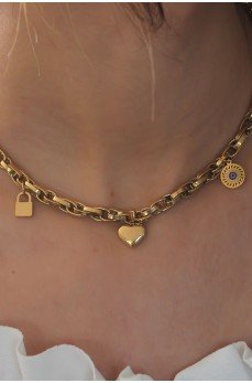 Çelik Gold Renk Kalın Zincir Model Kalp Figür Kadın Kolye
