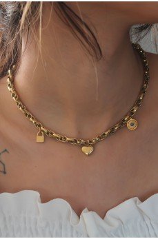 Çelik Gold Renk Kalın Zincir Model Kalp Figür Kadın Kolye