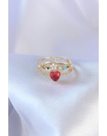 Gold Renk Kırmızı Zirkon Taş Kalp Model Pirinç Kadın Yüzük