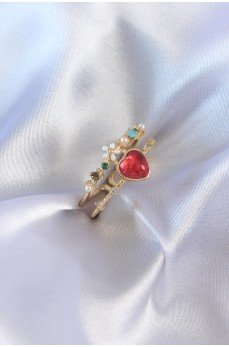 Gold Renk Kırmızı Zirkon Taş Kalp Model Pirinç Kadın Yüzük