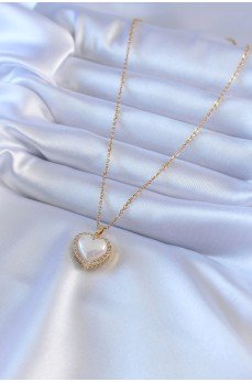 316L Çelik Gold Renk İncili Kalp Model Zirkon Taşlı Kadın Kolye