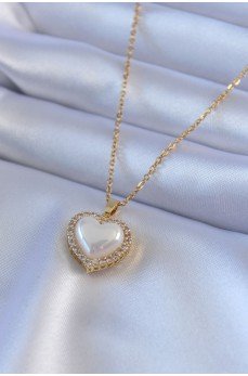 316L Çelik Gold Renk İncili Kalp Model Zirkon Taşlı Kadın Kolye