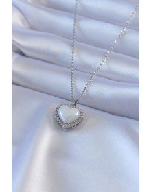 316L Çelik Gümüş Renk İncili Kalp Model Zirkon Taşlı Kadın Kolye