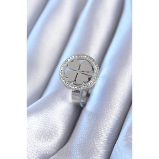 316L Çelik Gümüş Renk Zirkon Taşlı Yonca Model Kadın Yüzük 316L Çelik Gümüş Renk Zirkon Taşlı Yonca Model Kadın Yüzük