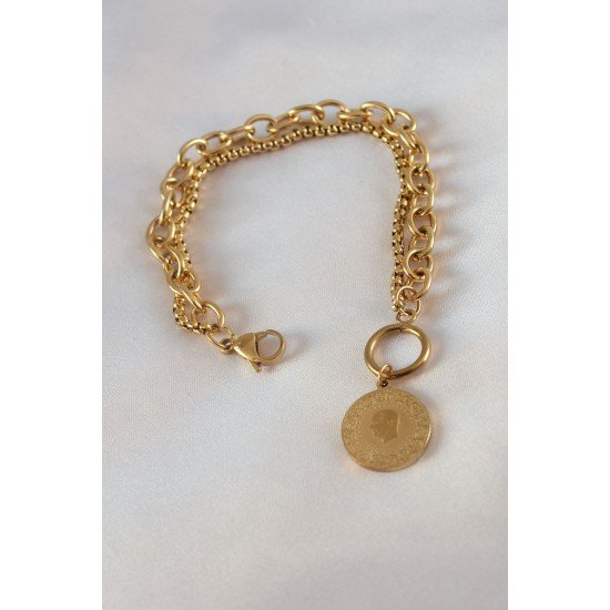 316L Çelik Gold Renk 2'li Zincir Model Çeyrek Altınlı Kadın Bileklik 316L Çelik Gold Renk 2'li Zincir Model Çeyrek Altınlı Kadın Bileklik