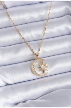 316L Çelik Gold Renk Zirkon Taşlı Ay Yıldız Model Kadın Kolye
