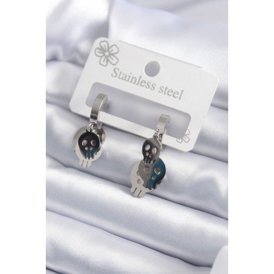 316L Çelik Gümüş Renk Sallantı Kuru Kafa Model Kadın Küpe 316L Çelik Gümüş Renk Sallantı Kuru Kafa Model Kadın Küpe