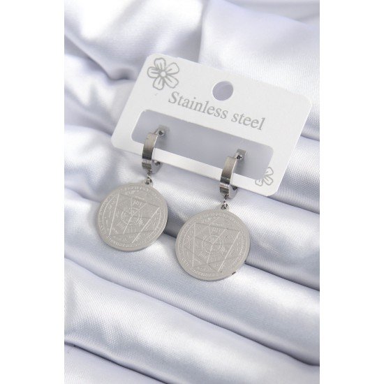 316L Çelik Gümüş Renk Pentagram İşleme Model Kadın Küpe