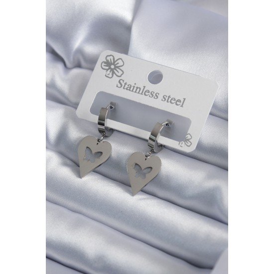 316L Çelik Gümüş Renk Kalp Model Kelebek İşleme Kadın Küpe 316L Çelik Gümüş Renk Kalp Model Kelebek İşleme Kadın Küpe