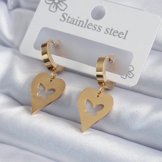 316L Çelik Gold Renk Kalp Model Kelebek İşleme Kadın Küpe 316L Çelik Gold Renk Kalp Model Kelebek İşleme Kadın Küpe