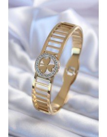 316L Çelik Gold Renk Zirkon Taşlı Yonca Model Kadın Kelepçe