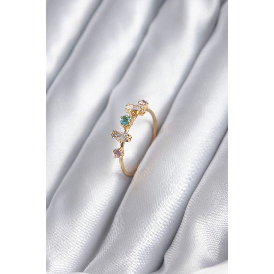 Gold Renk Zirkon Taşlı Renkli Zirkon Taşlı Kadın Yüzük
