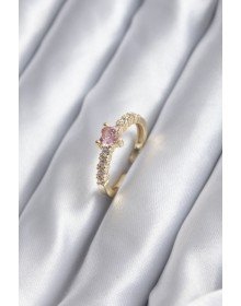Gold Renk Zirkon Taşlı Pembe Kristal Kalp Model Kadın Yüzük