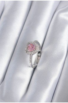 Pirinç Gümüş Renk Pembe Zirkon Taş Kalp Charm Model Kadın Yüzük