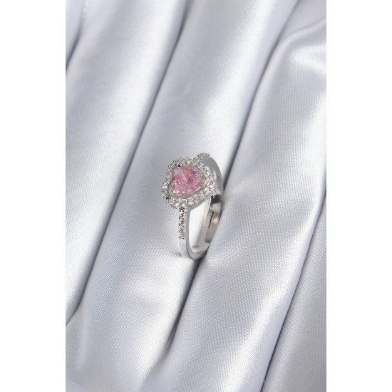 Pirinç Gümüş Renk Pembe Zirkon Taş Kalp Charm Model Kadın Yüzük