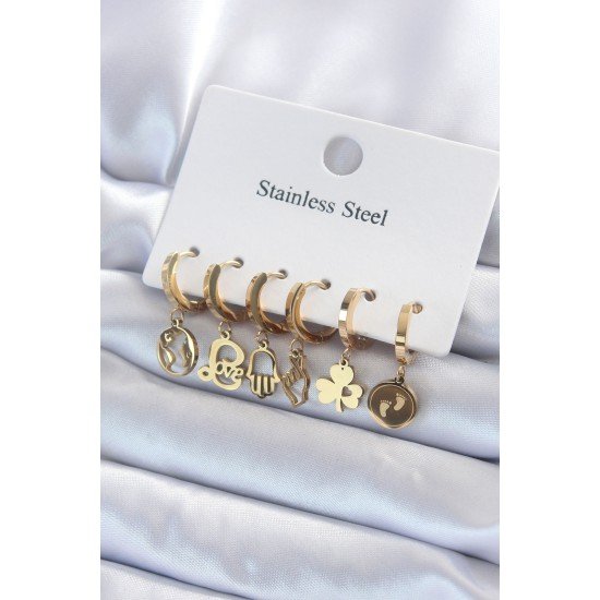 316L Çelik Gold Renk Çoklu Figür Model Kadın Küpe Seti 316L Çelik Gold Renk Çoklu Figür Model Kadın Küpe Seti