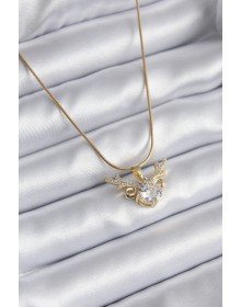 316L Çelik Gold Renk Zirkon Taşlı Boynuz Model Kadın Kolye