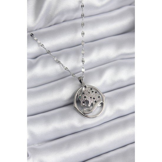 316L Çelik Gümüş Renk Zirkon Taşlı Jaguar Model Kadın Kolye