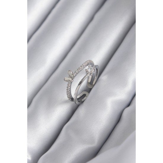 Pirinç Gümüş Renk Zirkon Taşlı Kelebek Model Kadın Yüzük Pirinç Gümüş Renk Zirkon Taşlı Kelebek Model Kadın Yüzük