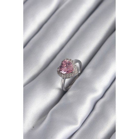 Pirinç Gümüş Renk Pembe Zirkon Taş Kalp Charm Model Kadın Yüzük Pirinç Gümüş Renk Pembe Zirkon Taş Kalp Charm Model Kadın Yüzük