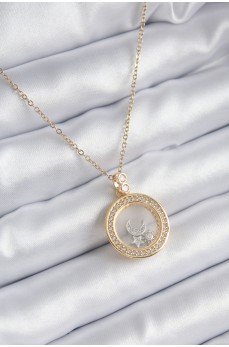 316L Çelik Gold Renk Zirkon Taş Detay Ay Yıldız Fanus Model Kadın Kolye