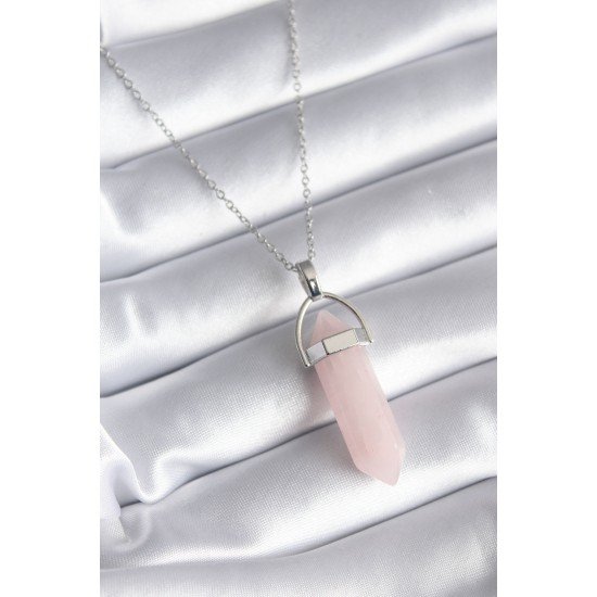 316L Çelik Gümüş Renk Pembe Taşlı Kadın Kolye 316L Çelik Gümüş Renk Pembe Taşlı Kadın Kolye