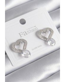 Pirinç Gümüş Renk Zirkon Taşlı Kalp Model Damla Zirkon Taş Detay Kadın Küpe