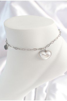 316L Çelik Gümüş Renk Zincir Model 3D Kalp Beyaz Kalp Figür Kadın HalHal