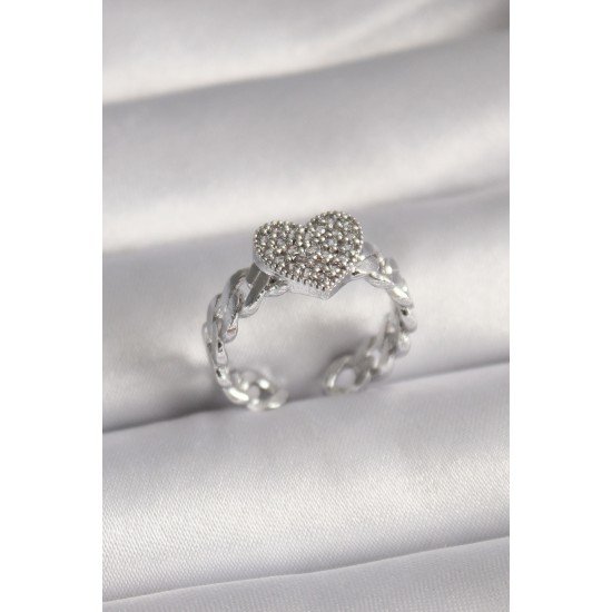 Pirinç Gümüş Renk Zirkon Taşlı Kalp Model Kadın Yüzük Pirinç Gümüş Renk Zirkon Taşlı Kalp Model Kadın Yüzük