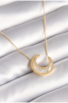 316L Çelik Gold Renk Beyaz Sedefli Hilal Model Kadın Kolye