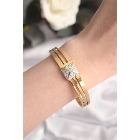 316L Çelik Zirkon Taşlı Gold Renk Kadın Kelepçe Bilezik 316L Çelik Zirkon Taşlı Gold Renk Kadın Kelepçe Bilezik