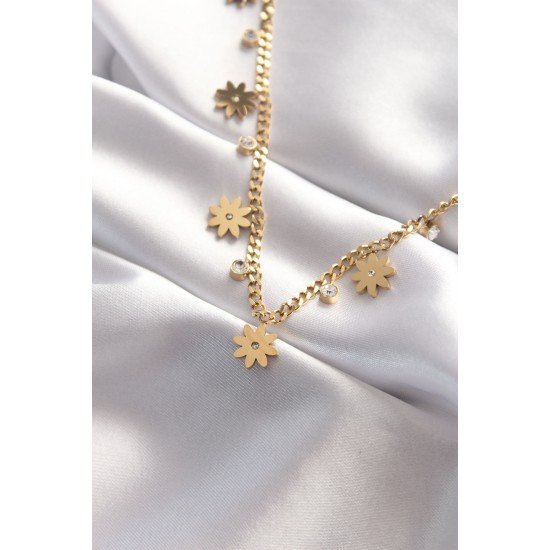 316L Çelik Taşlı Gold Renk Çoklu Çiçek Kolye 316L Çelik Taşlı Gold Renk Çoklu Çiçek Kolye