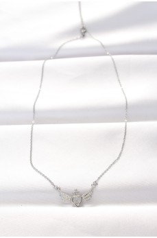 316L Çelik Silver Renk Zirkon Taşlı Kalpli Kanat Kolye