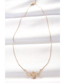316L Çelik Gold Renk Zirkon Taşlı Kalpli Kanat Kolye