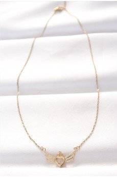 316L Çelik Gold Renk Zirkon Taşlı Kalpli Kanat Kolye