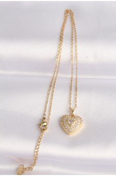 316L Çelik Zincir Altın Renk Zirkon Taşlı Kalp Kolye