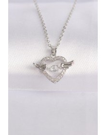 316L Çelik Zincir Gümüş Renk Zirkon Taşlı Kanatlı Kalp Kolye