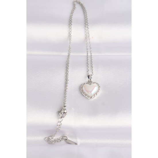 316L Çelik Zincir Gümüş Renk Beyaz Taşlı Bombeli Kalp Kolye