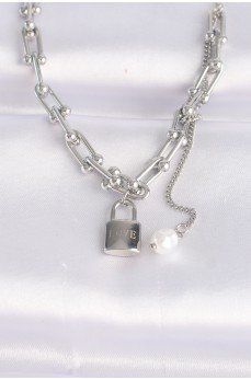316L Çelik Zincir Gümüş Renk Zincirli Love Yazılı Kilit Kolye