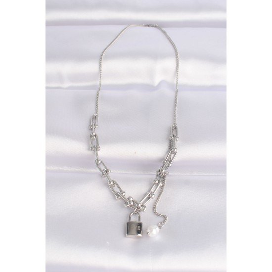 316L Çelik Zincir Gümüş Renk Zincirli Love Yazılı Kilit Kolye